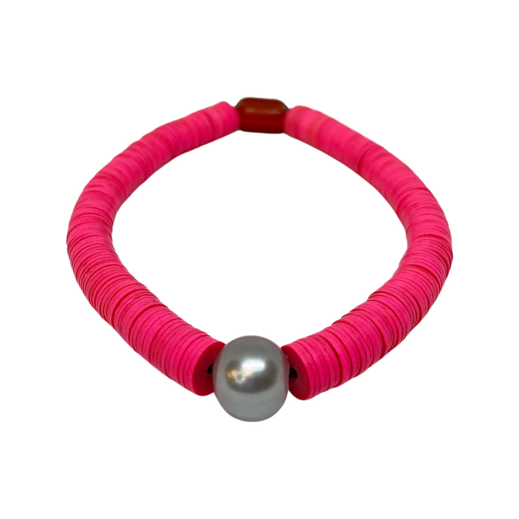 Skinny Pink Vintage Vinyl & Gray Pearl Bracelet