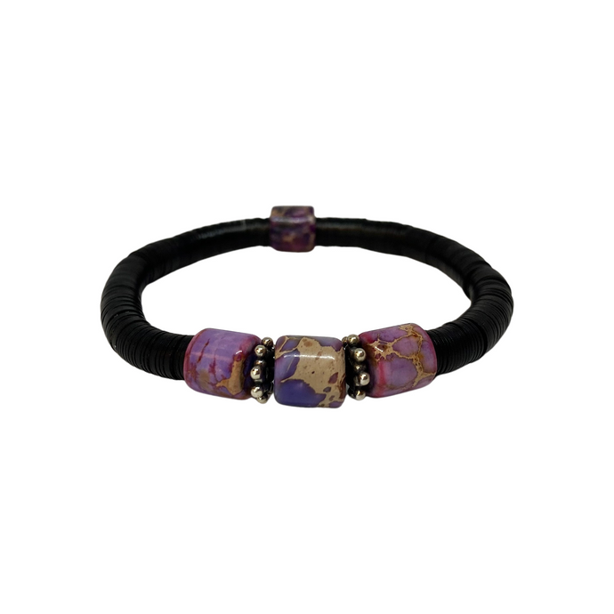 Purple and Lavender Marbled Beads & Vintage Black Vinyl Bracelet