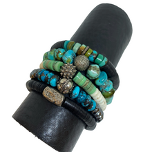 Load image into Gallery viewer, Pavé Diamond, Turquoise &amp; Vintage Black Vinyl Bracelet