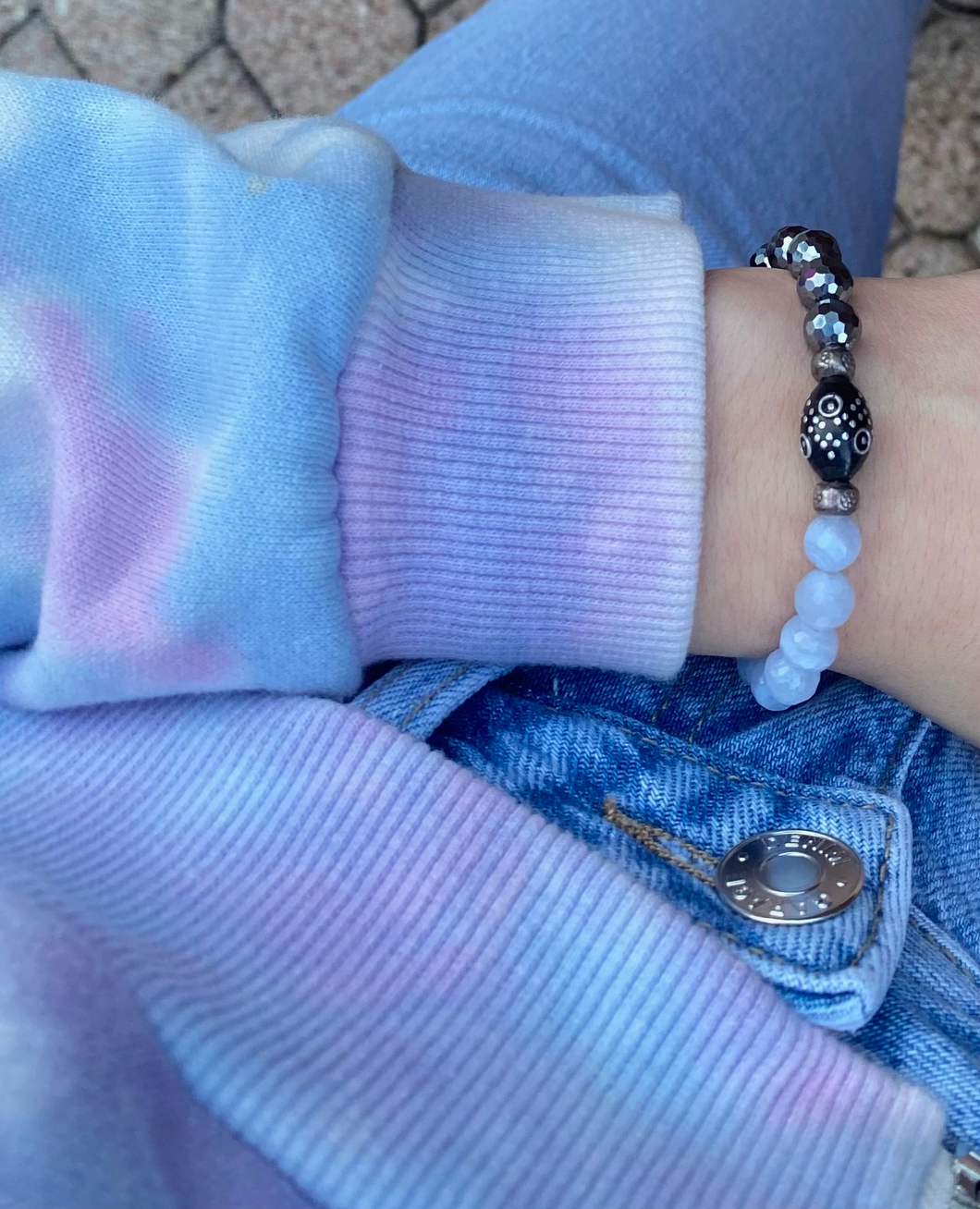 Blue Lace Agate, Black Coral Yemen and Terahertz Bracelet