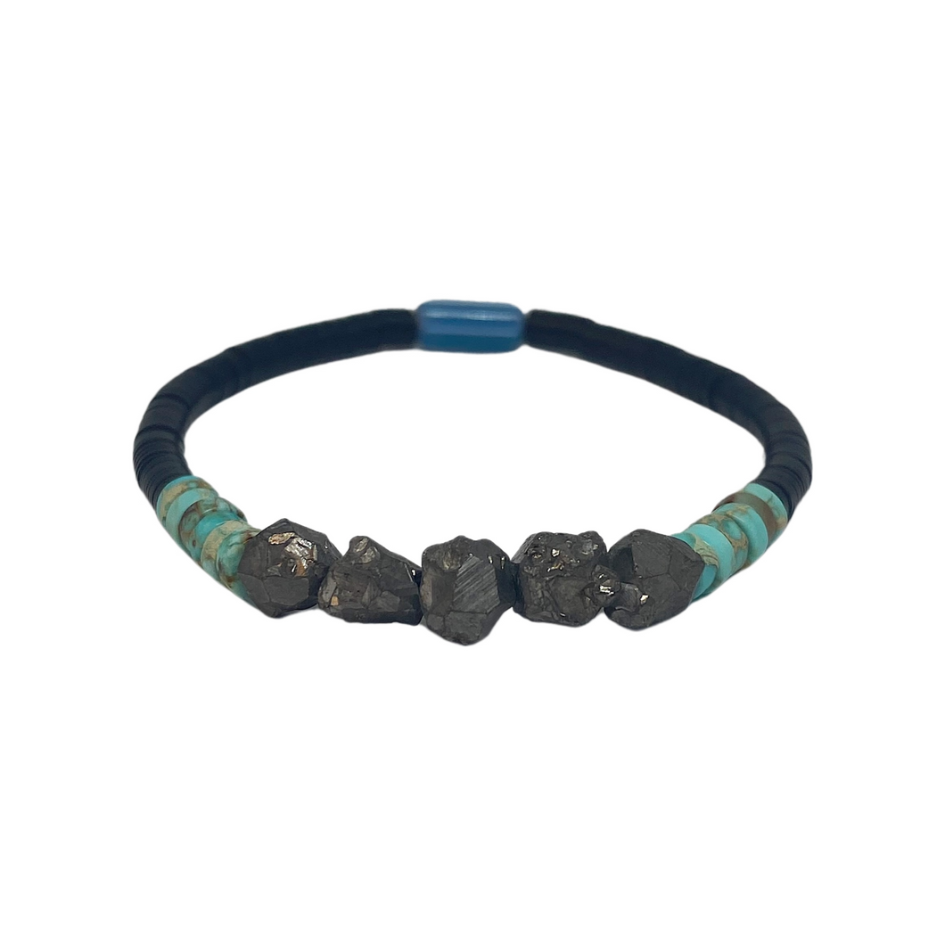 Turquoise, Pyrite and Black Bead Bracelet