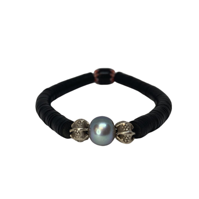Skinny Pearl & Vintage Black Vinyl Bracelet