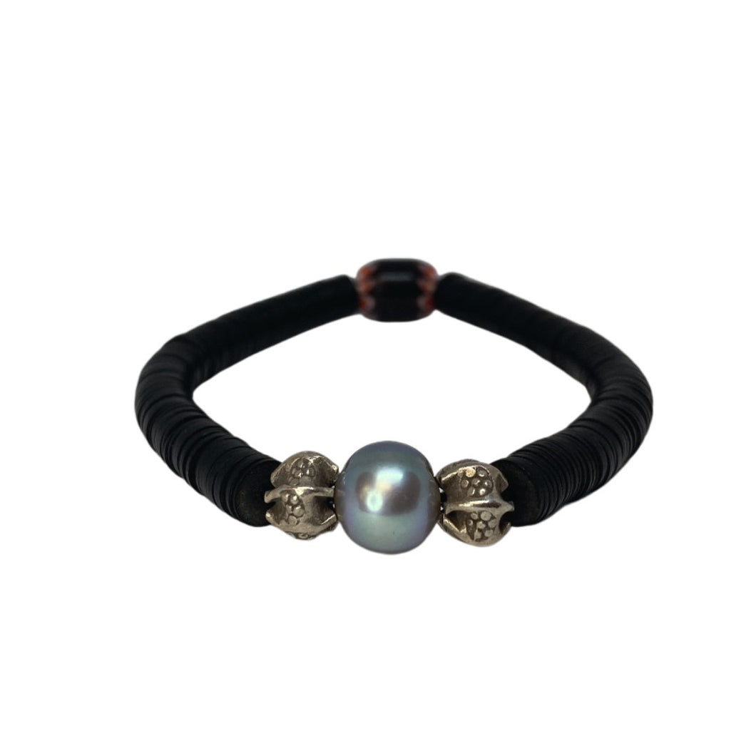 Skinny Pearl & Vintage Black Vinyl Bracelet