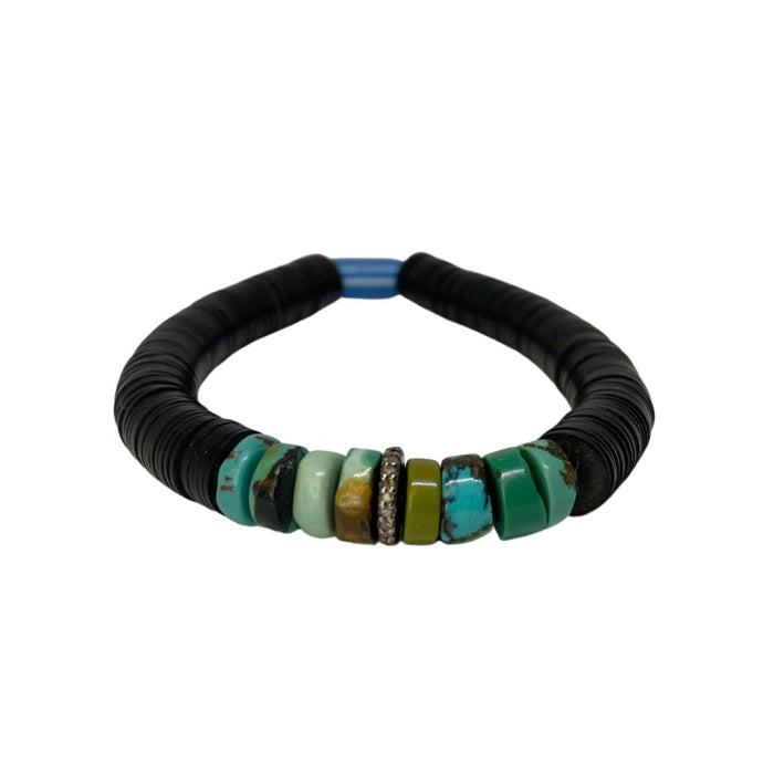 Pavé Diamond, Turquoise & Vintage Black Vinyl Bracelet