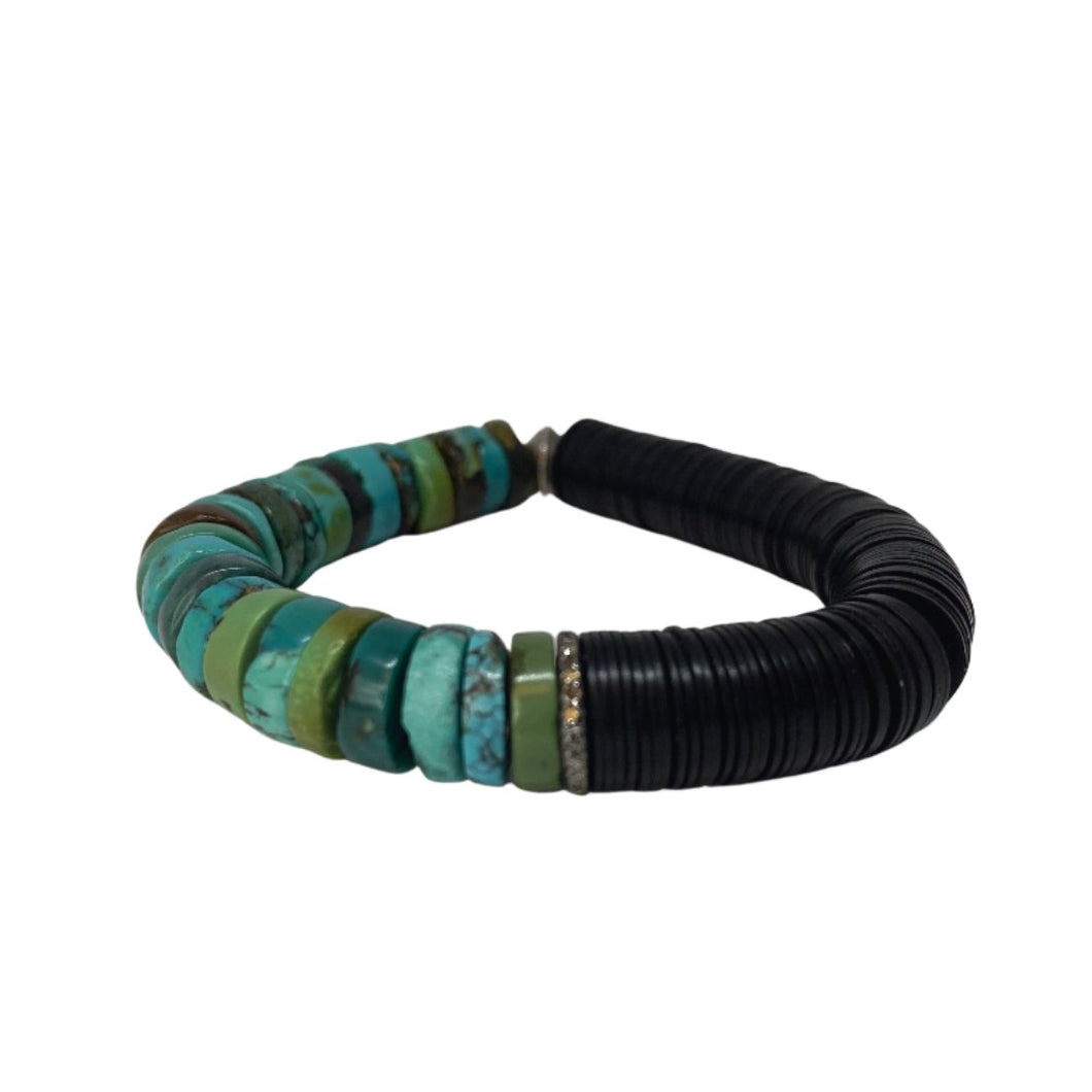 Pavé Diamond, Turquoise, and Black Vintage Vinyl Bracelet