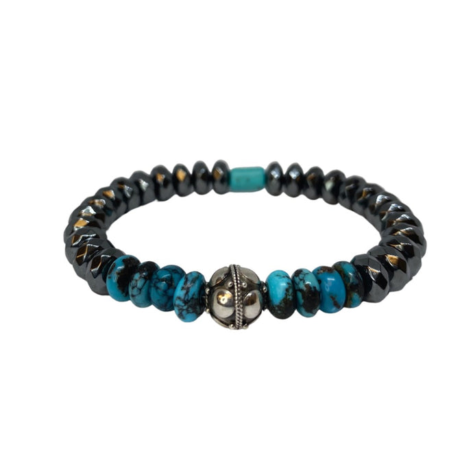 Turquoise, Hematite, and Decorative Silver Bead Bracelet