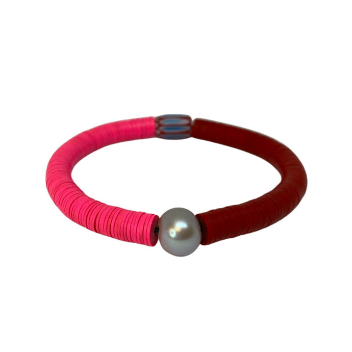 Skinny Pink/Red Vintage Vinyl & Gray Pearl Bracelet