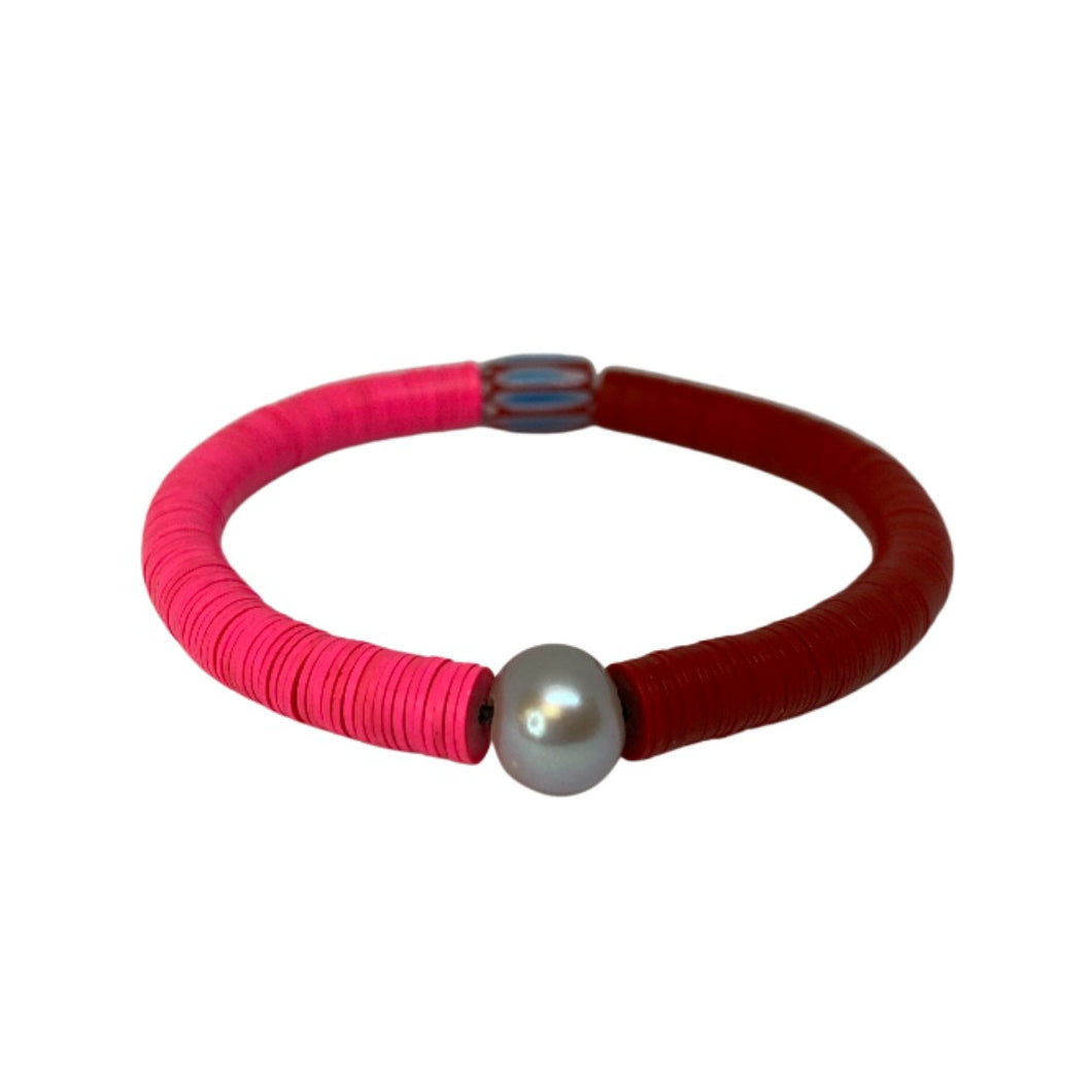 Skinny Pink/Red Vintage Vinyl & Gray Pearl Bracelet