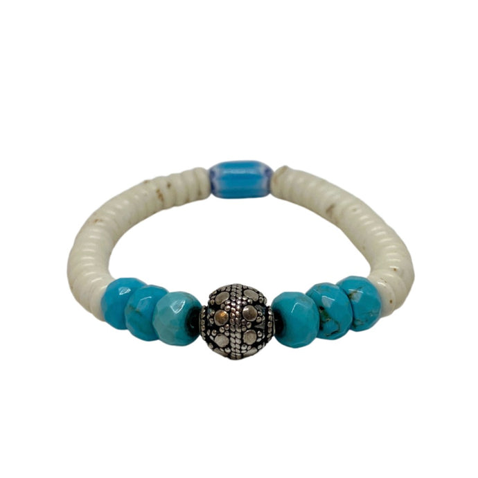 Turquoise, Magnesite, and Decorative Silver Bead Bracelet