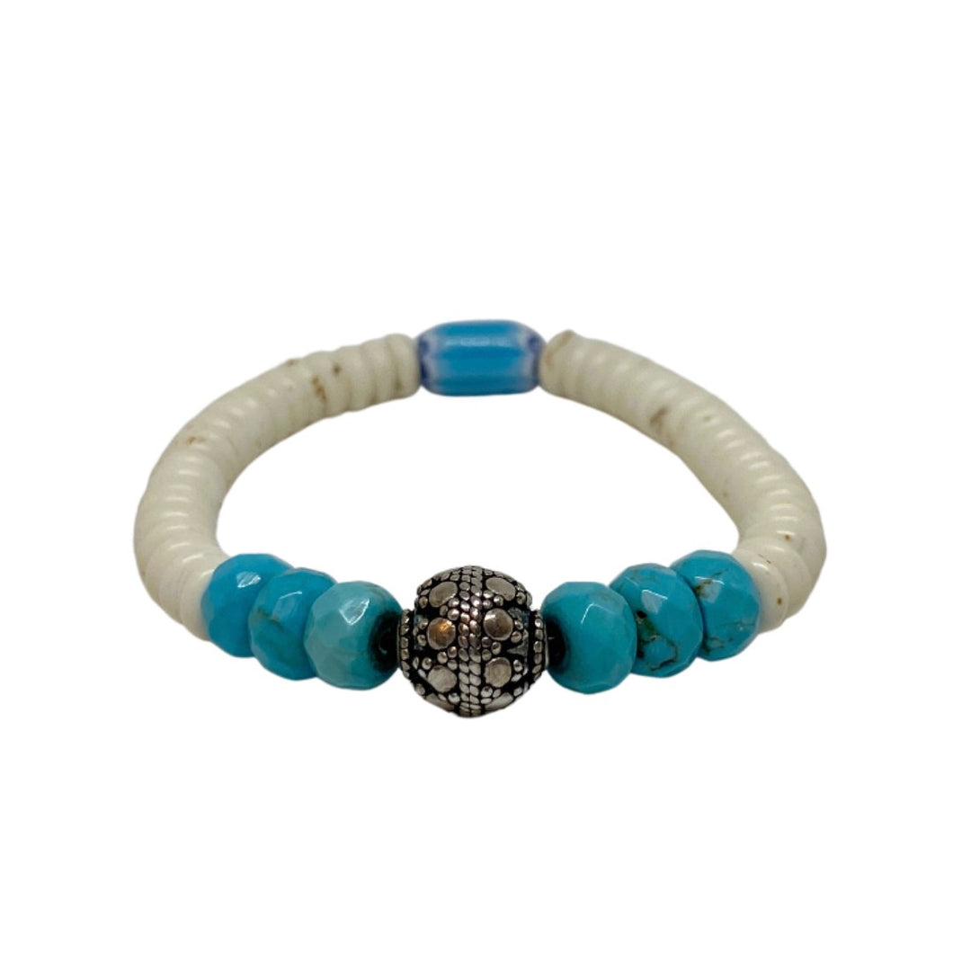 Turquoise, Magnesite, and Decorative Silver Bead Bracelet