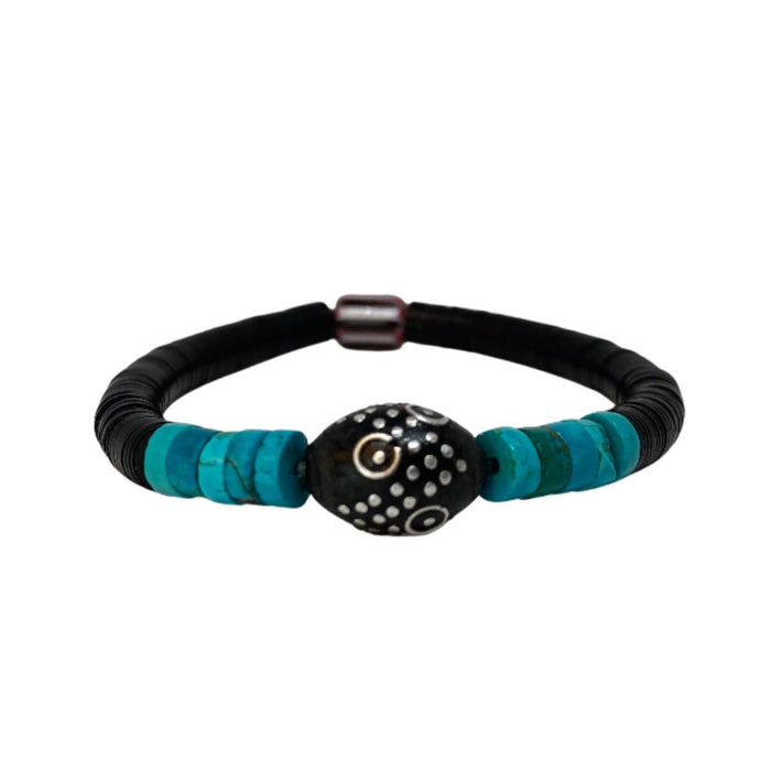 Skinny Turquoise Heishi, African Bead, and Vintage Black Vinyl Bracelet
