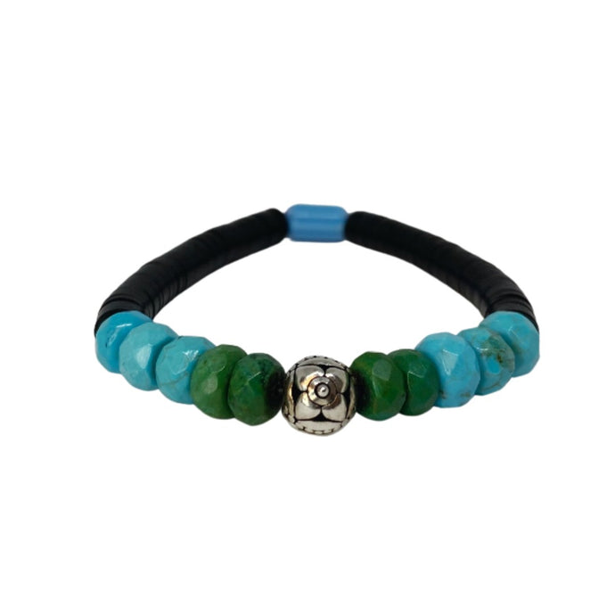 Turquoise, Vintage Black Vinyl, and Silver Bead Bracelet