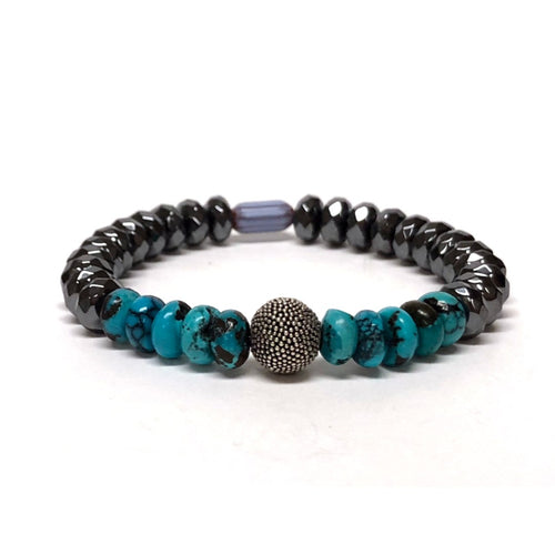 Turquoise, Hematite, and Dotted Silver Bead Bracelet