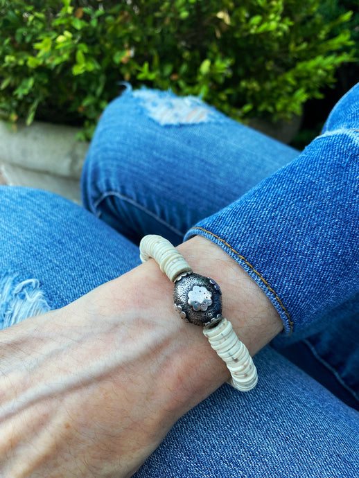 Heishi Shell and Silver Bead Bracelet